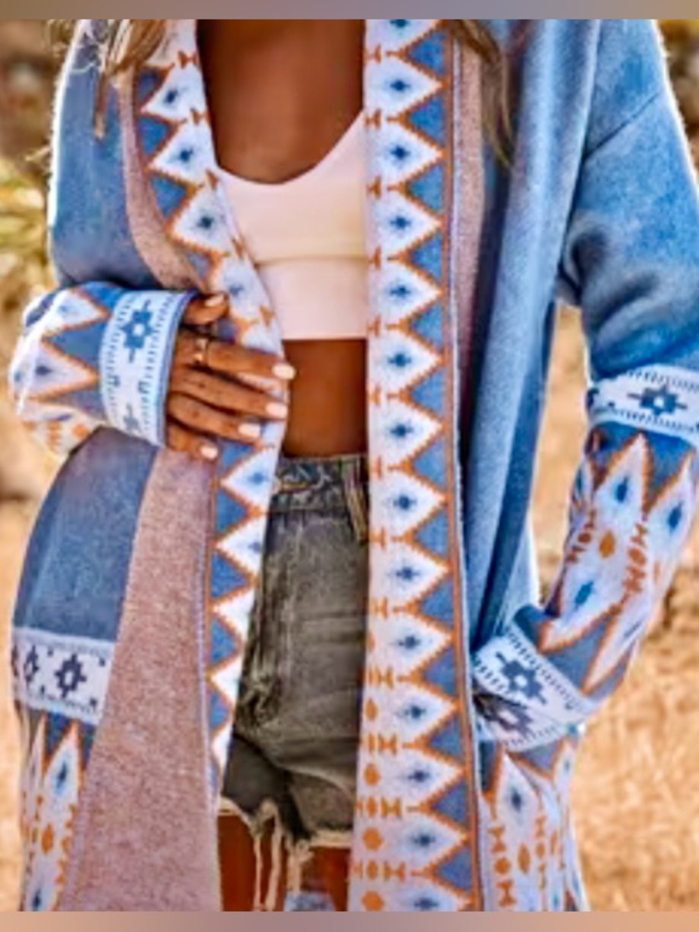 Aztec Pattern Open-Front Cardigan Sweater